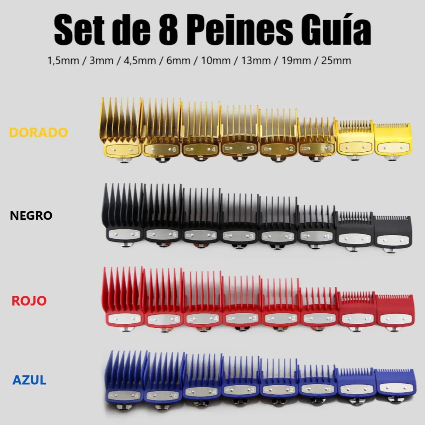 Set de 8 Peines Guía para Clipper con Broche Metálico - dorado