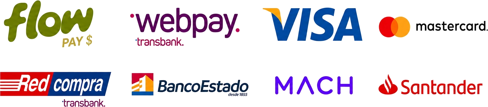 Medios de pago: Flow, Webpay, Visa, Mastercard, Redcompra, BancoEstado, MACH y Santander